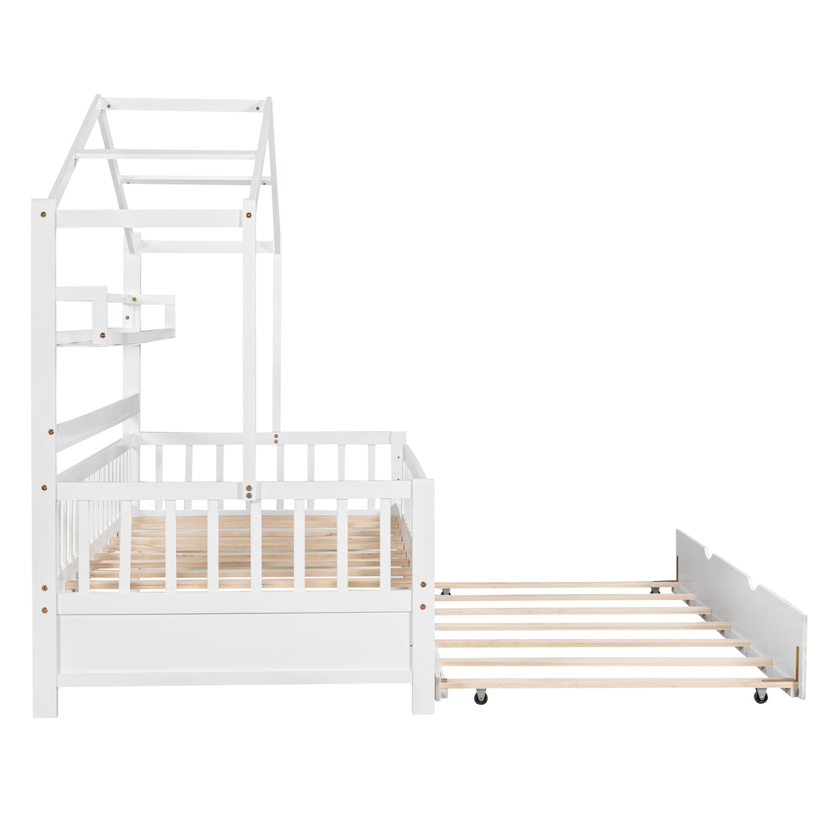 variant-group:rf-n733s371264k|Roomfitters Wooden Twin House Bed with Trundle and Shelf, House Frame Bed for Bedroom, White
