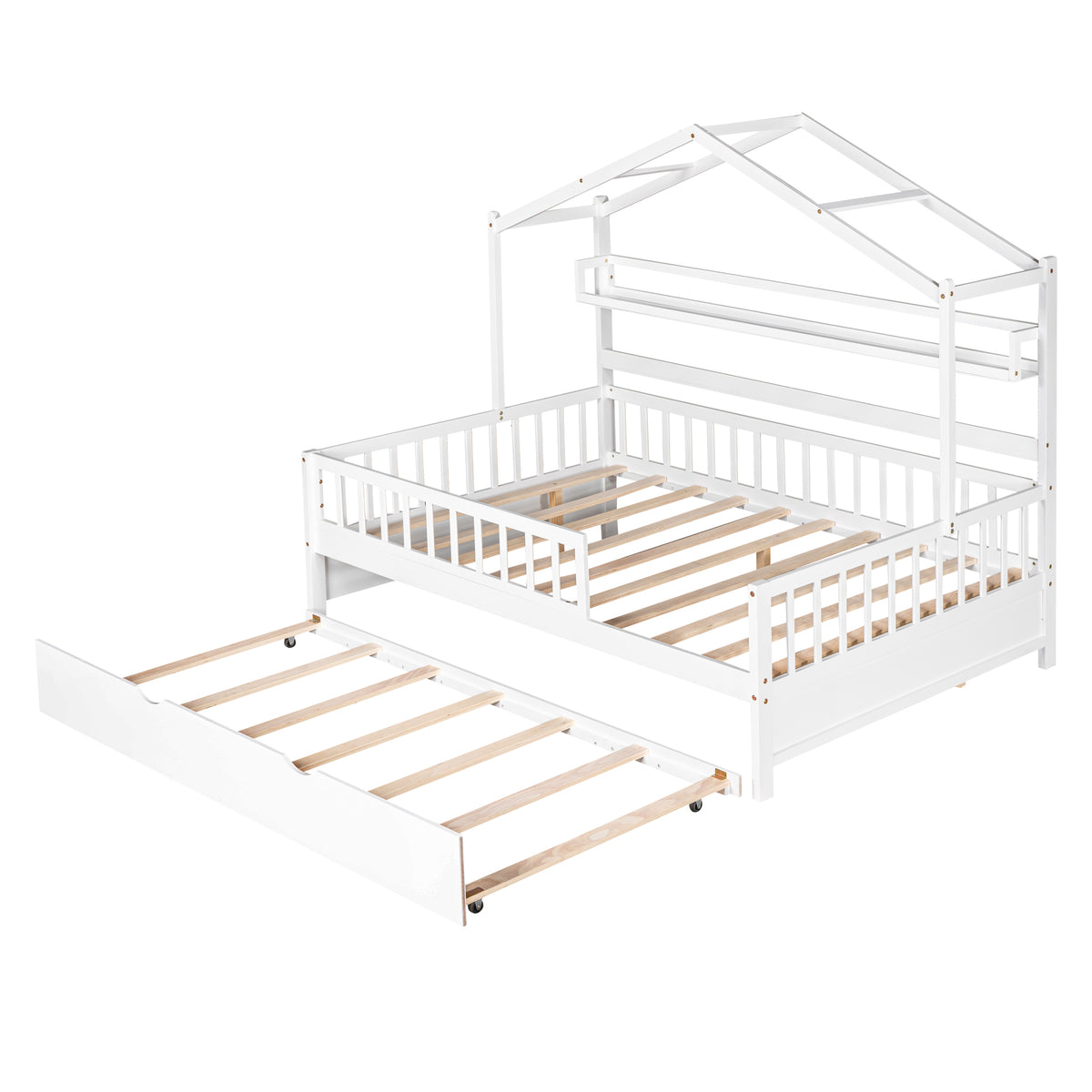 variant-group:rf-n733s371268k|Roomfitters Wooden Full House Bed with Twin Trundle and Shelf, House Frame Bed for Bedroom, White
