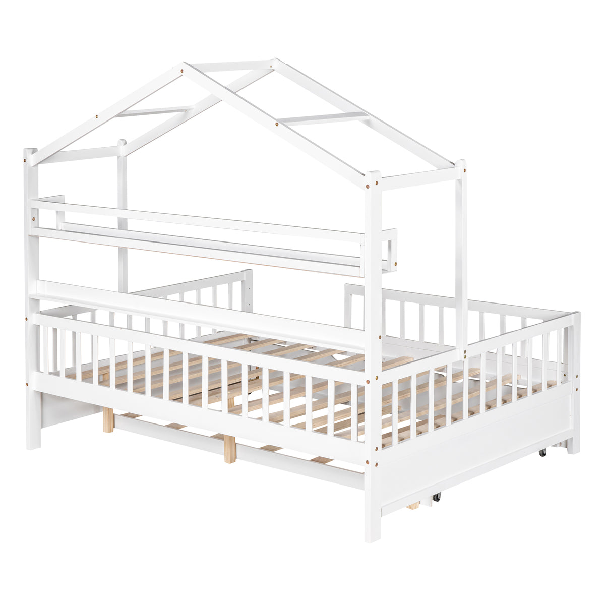 variant-group:rf-n733s371268k|Roomfitters Wooden Full House Bed with Twin Trundle and Shelf, House Frame Bed for Bedroom, White