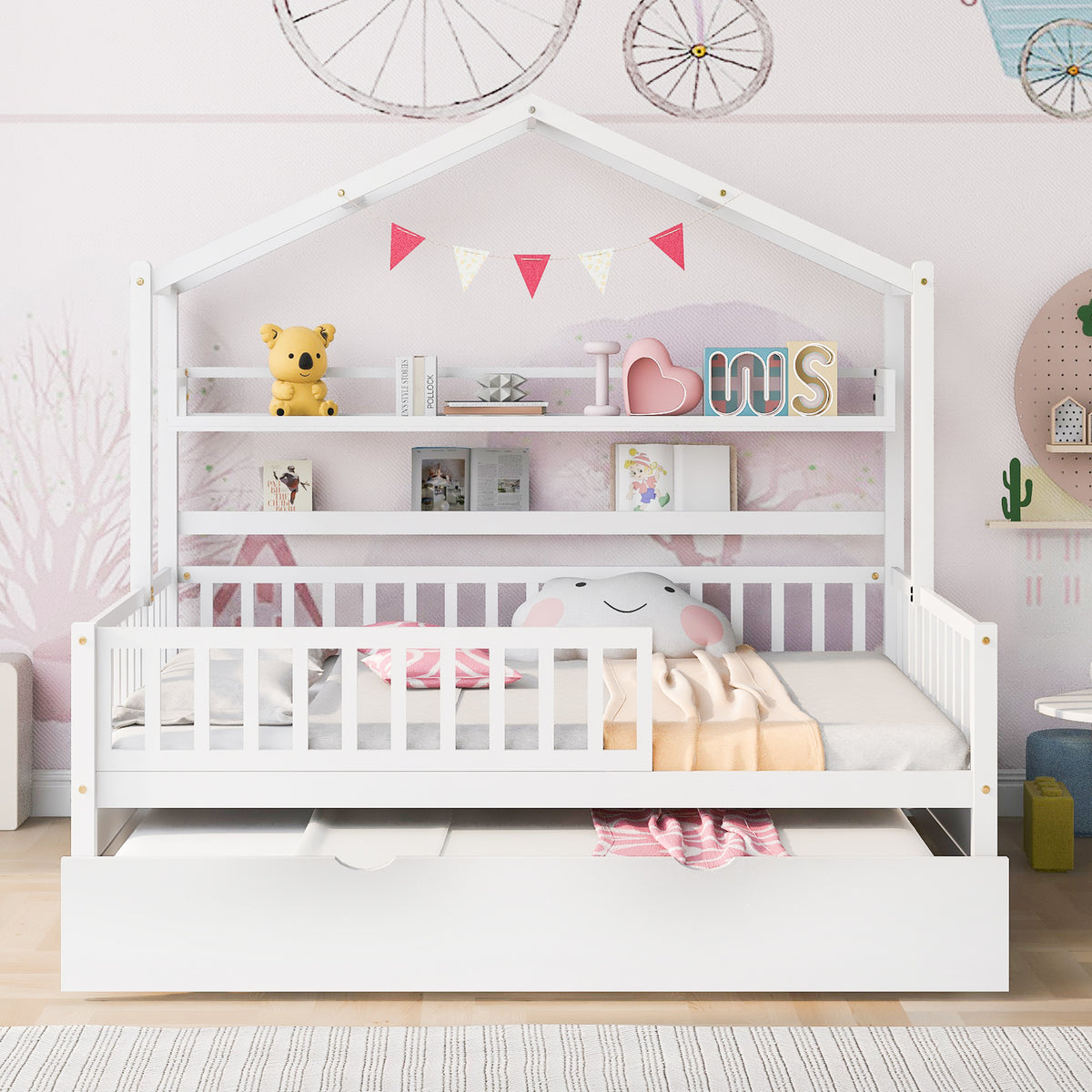 variant-group:rf-n733s371268k|Roomfitters Wooden Full House Bed with Twin Trundle and Shelf, House Frame Bed for Bedroom, White