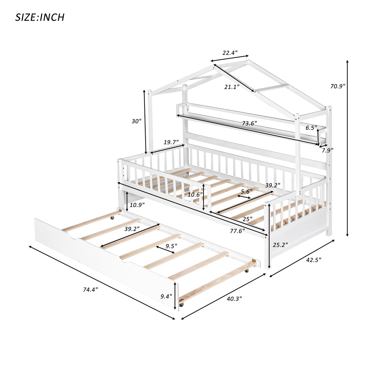 variant-group:rf-n733s371264k|Roomfitters Wooden Twin House Bed with Trundle and Shelf, House Frame Bed for Bedroom, White