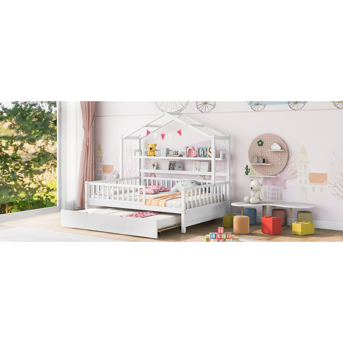 variant-group:rf-n733s371268k|Roomfitters Wooden Full House Bed with Twin Trundle and Shelf, House Frame Bed for Bedroom, White