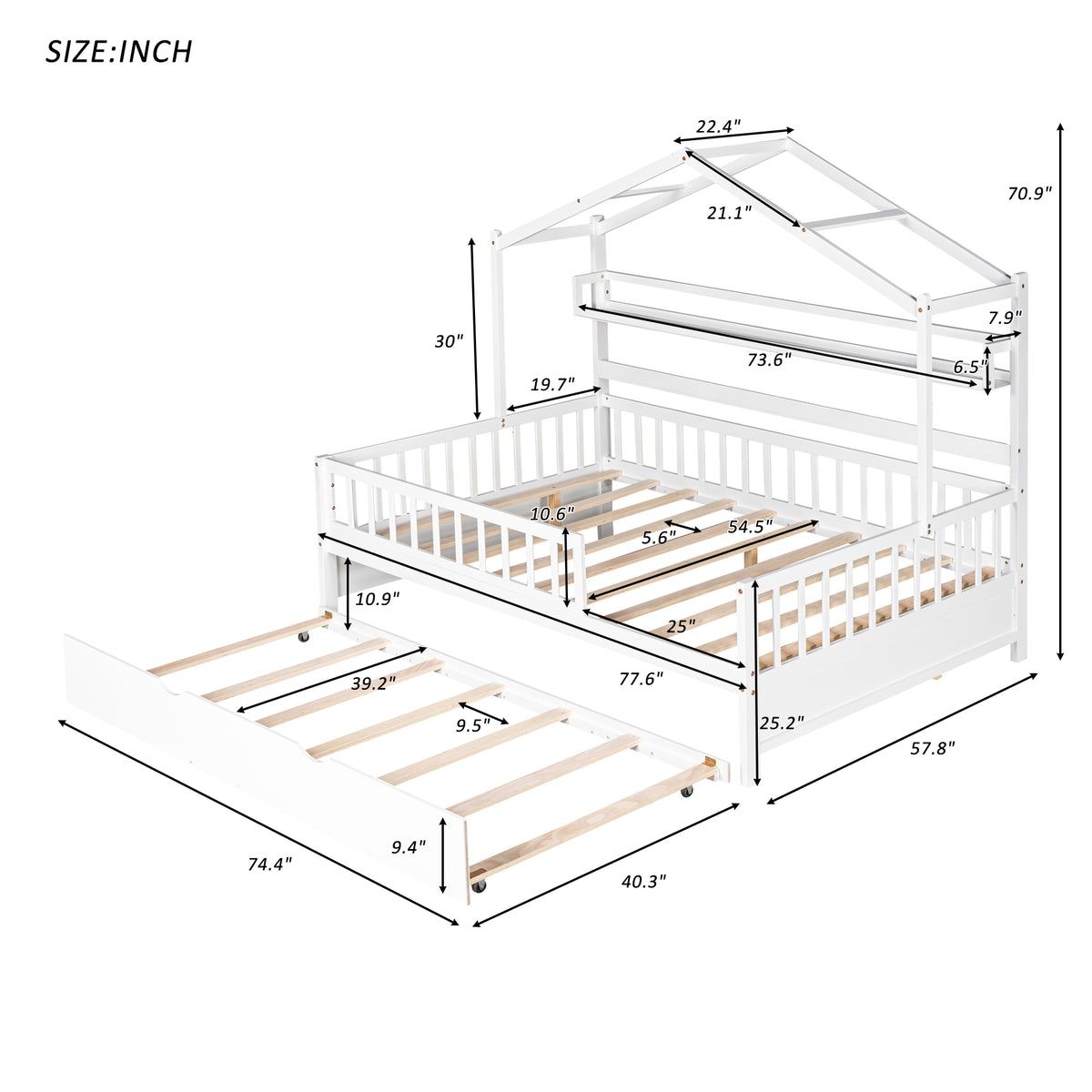 variant-group:rf-n733s371268k|Roomfitters Wooden Full House Bed with Twin Trundle and Shelf, House Frame Bed for Bedroom, White