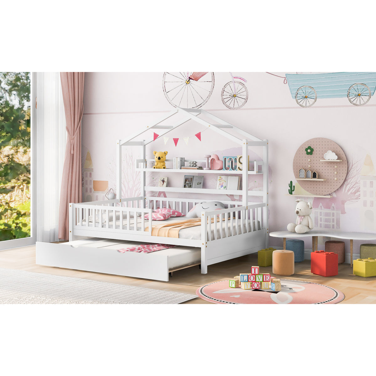 variant-group:rf-n733s371268k|Roomfitters Wooden Full House Bed with Twin Trundle and Shelf, House Frame Bed for Bedroom, White