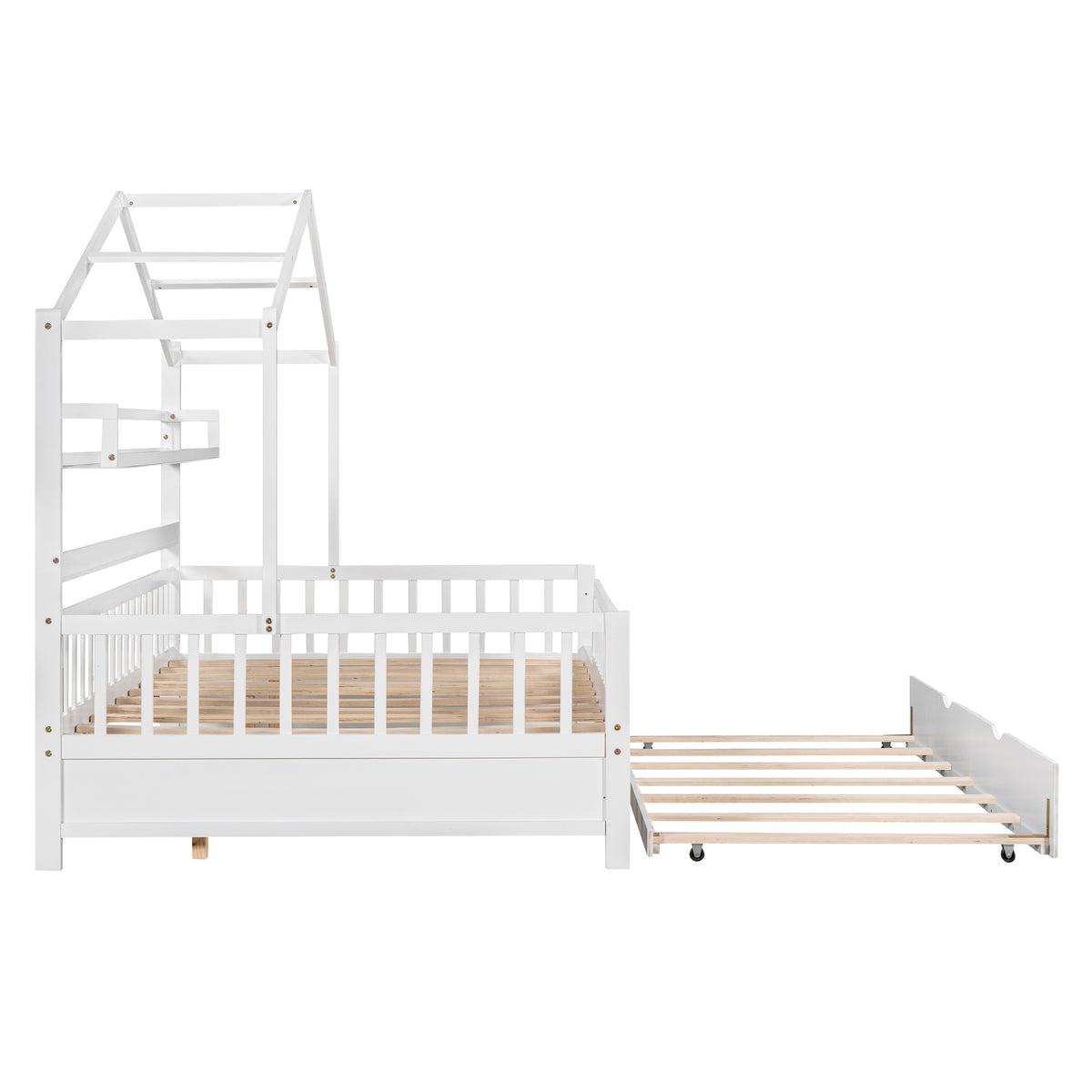 variant-group:rf-n733s371268k|Roomfitters Wooden Full House Bed with Twin Trundle and Shelf, House Frame Bed for Bedroom, White