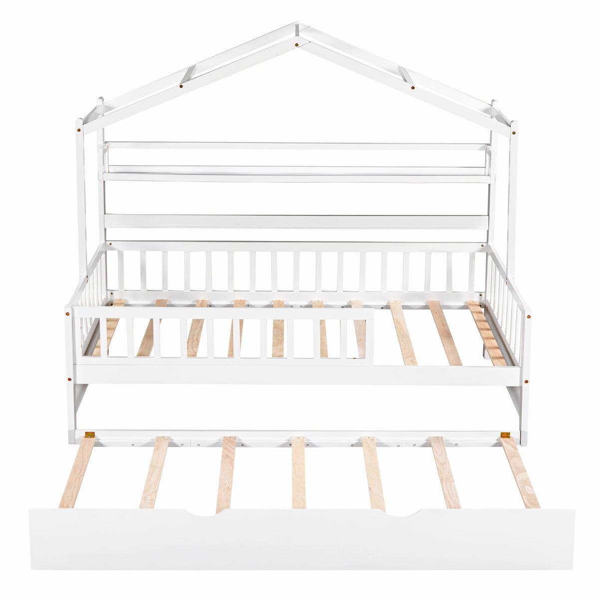 variant-group:rf-n733s371264k|Roomfitters Wooden Twin House Bed with Trundle and Shelf, House Frame Bed for Bedroom, White