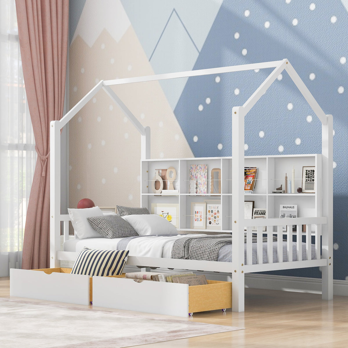 Roomfitters Wooden Twin Size House Bed with Storage Drawers and Shelf, Minimalist and Functional Design, White