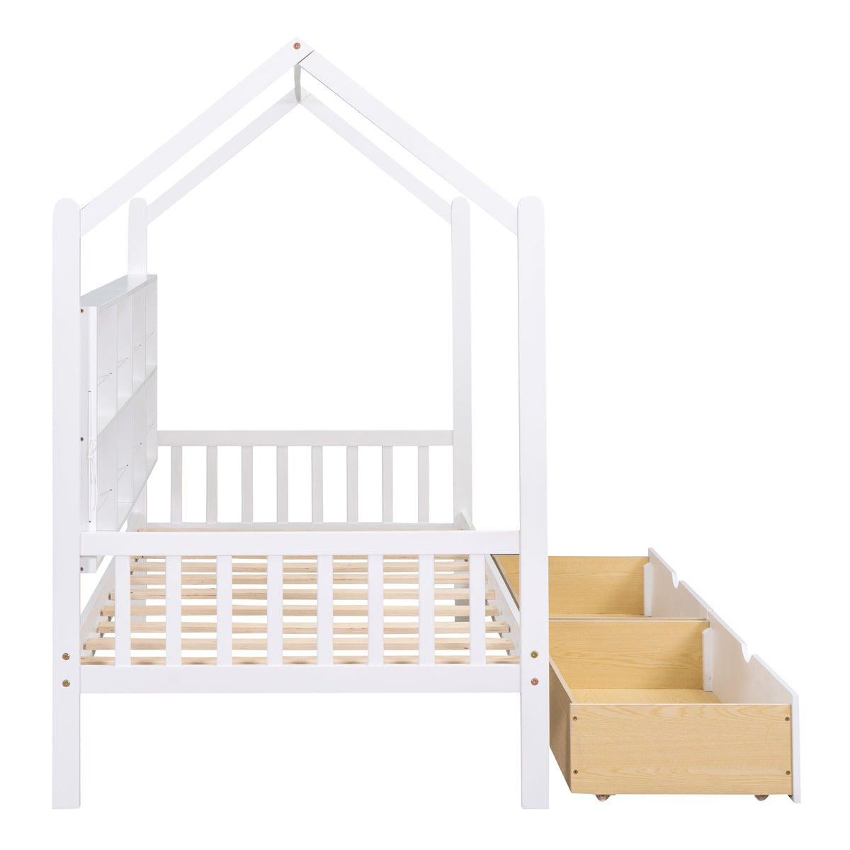 Roomfitters Wooden Twin Size House Bed with Storage Drawers and Shelf, Minimalist and Functional Design, White