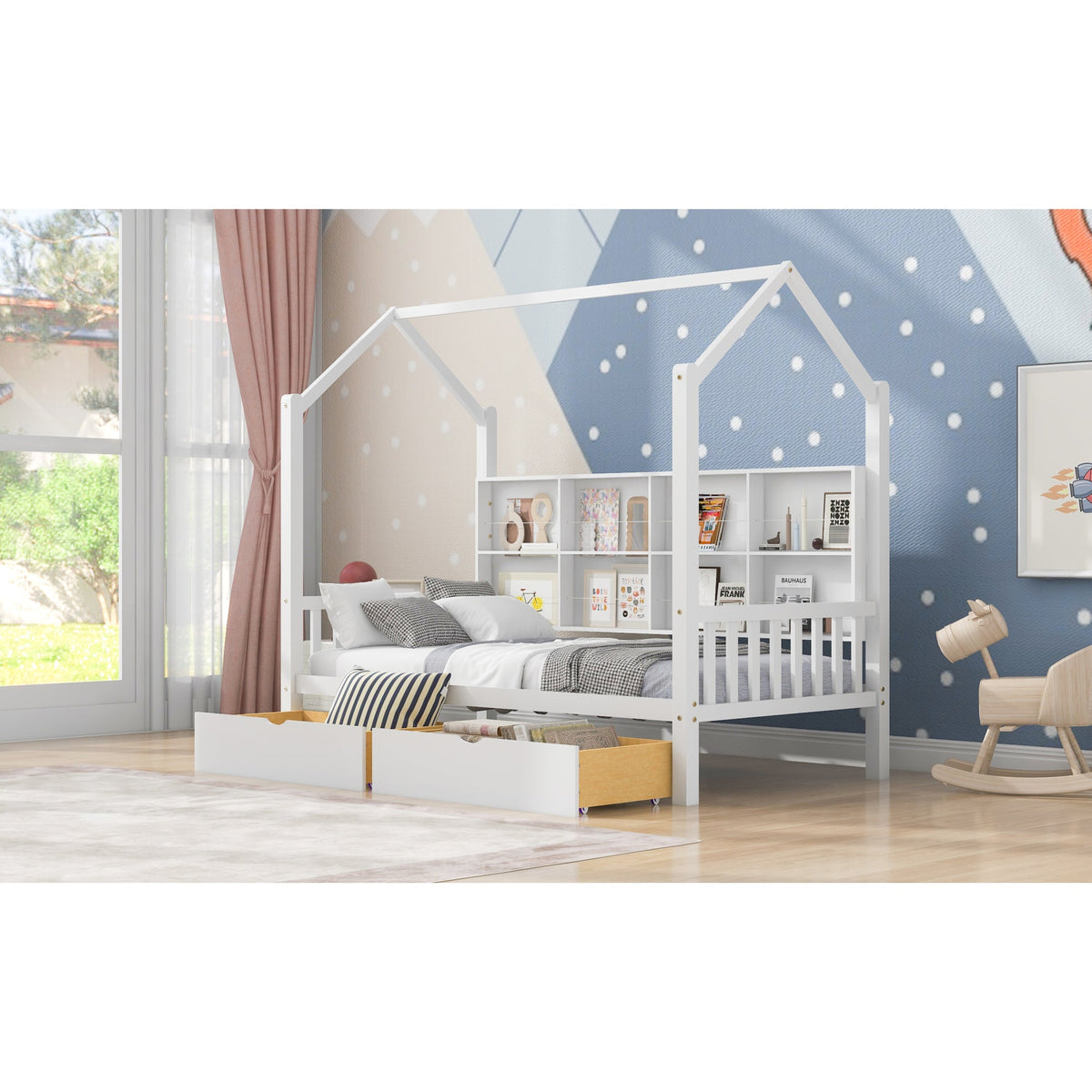 Roomfitters Wooden Twin Size House Bed with Storage Drawers and Shelf, Minimalist and Functional Design, White