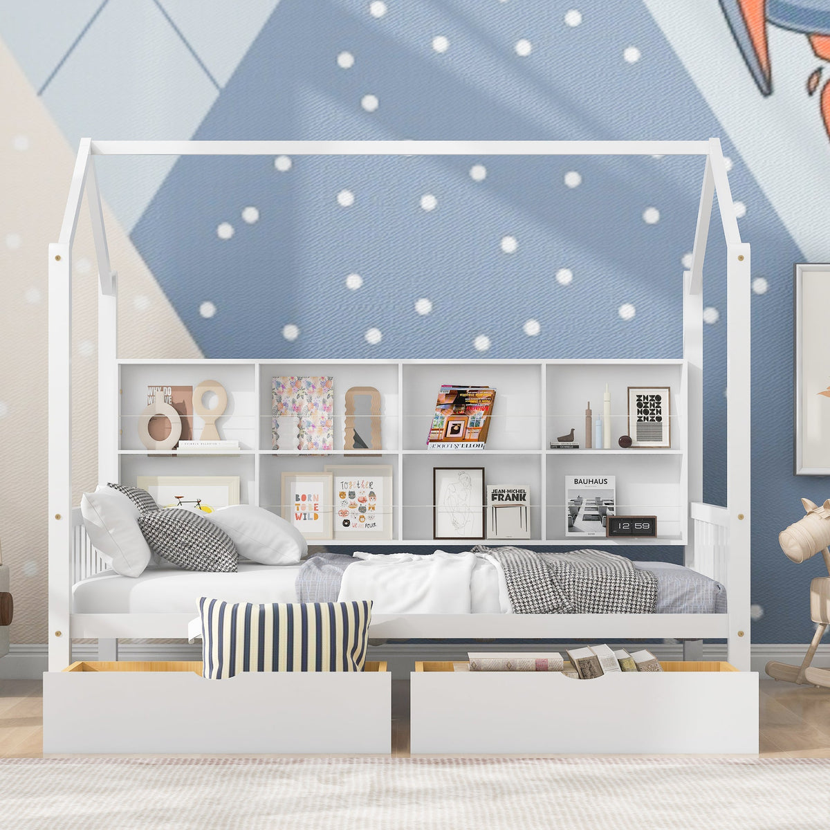 Roomfitters Wooden Twin Size House Bed with Storage Drawers and Shelf, Minimalist and Functional Design, White