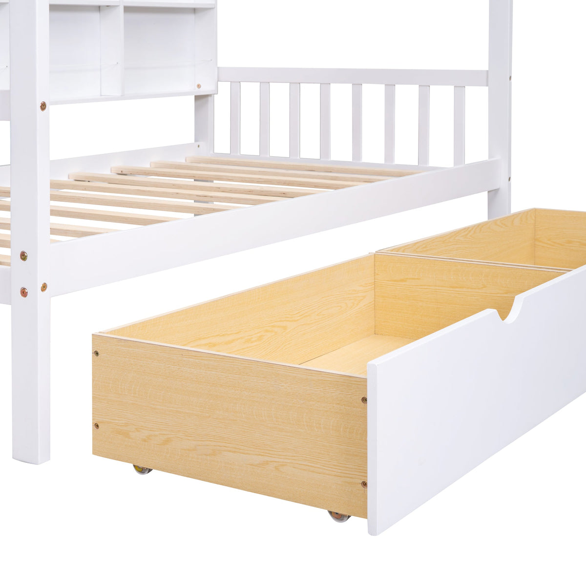 Roomfitters Wooden Twin Size House Bed with Storage Drawers and Shelf, Minimalist and Functional Design, White
