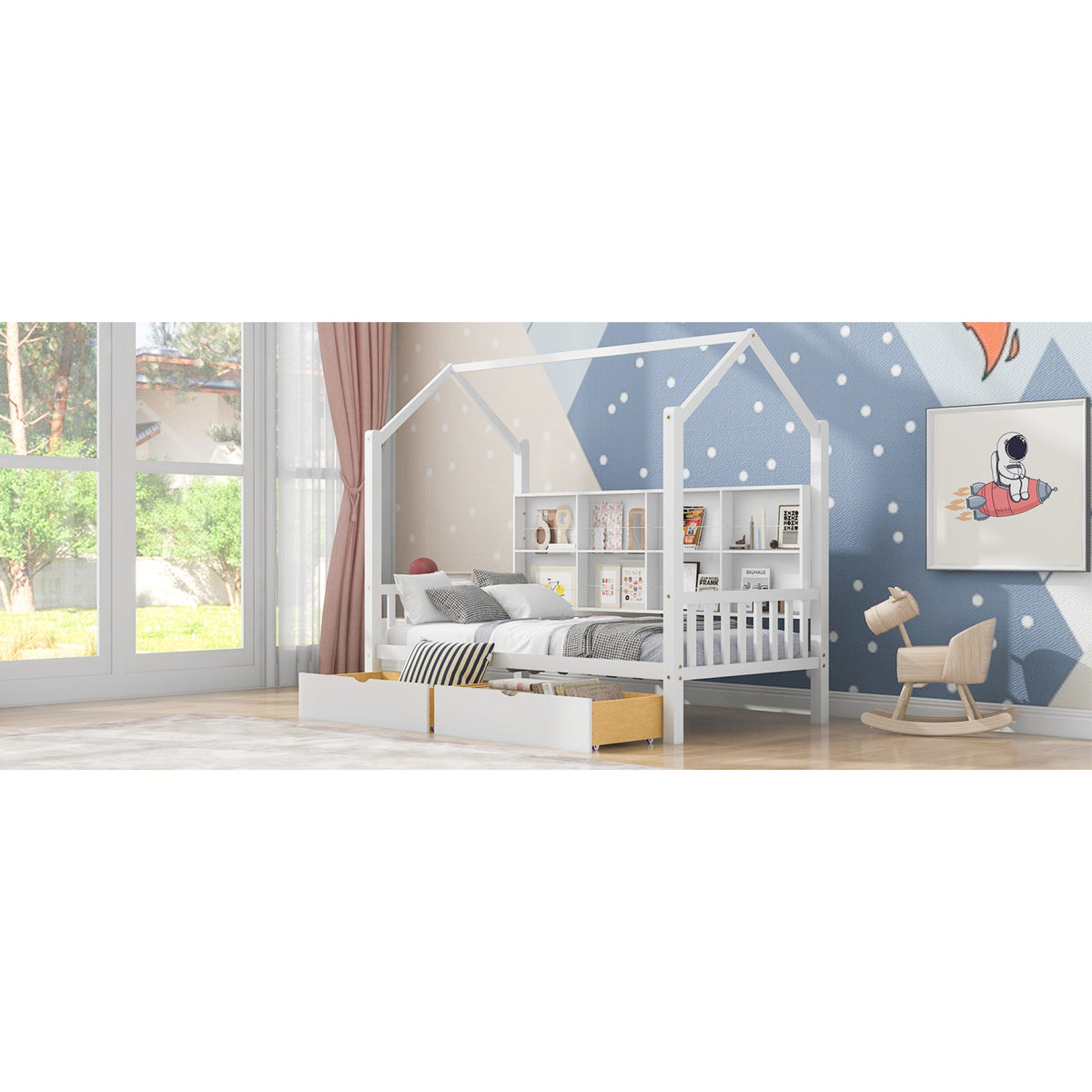 Roomfitters Wooden Twin Size House Bed with Storage Drawers and Shelf, Minimalist and Functional Design, White