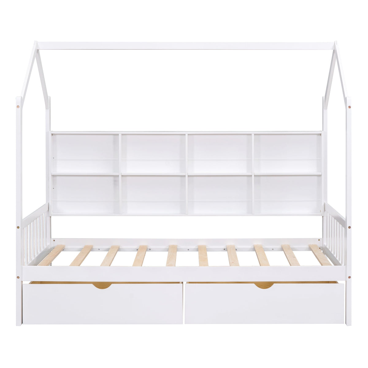 Roomfitters Wooden Twin Size House Bed with Storage Drawers and Shelf, Minimalist and Functional Design, White