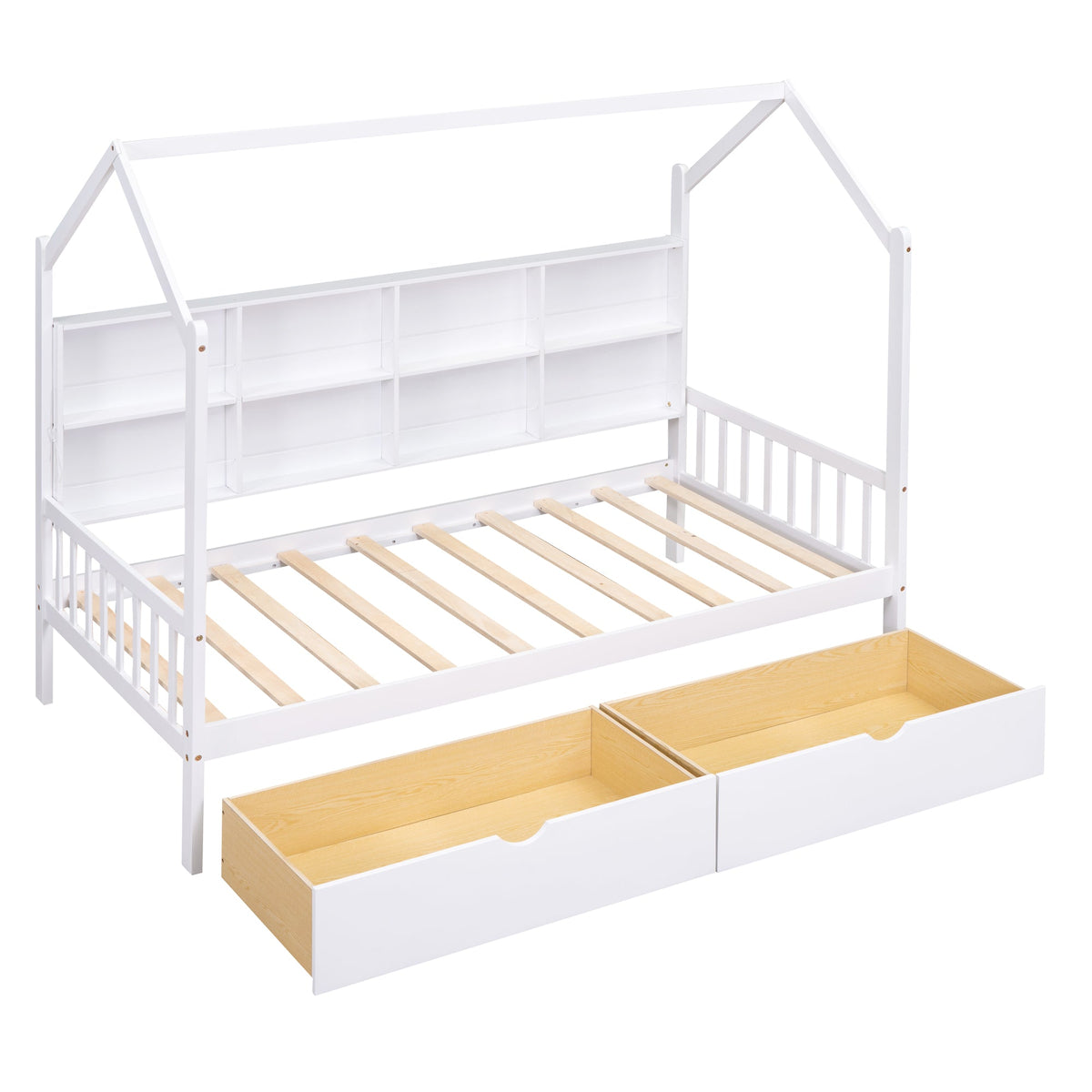 Roomfitters Wooden Twin Size House Bed with Storage Drawers and Shelf, Minimalist and Functional Design, White