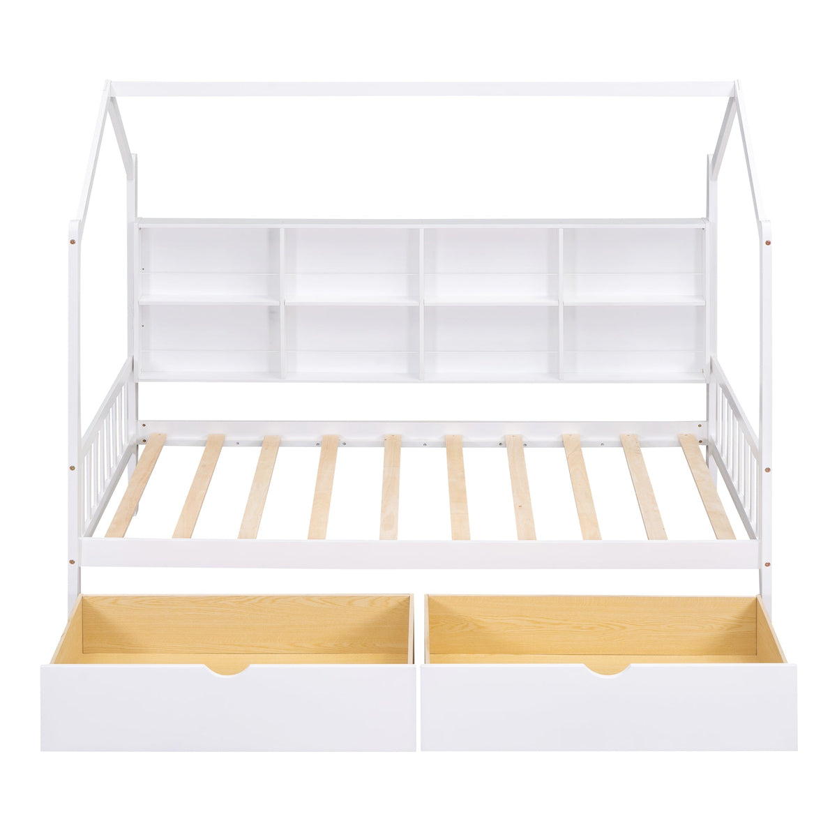 Roomfitters Wooden Twin Size House Bed with Storage Drawers and Shelf, Minimalist and Functional Design, White