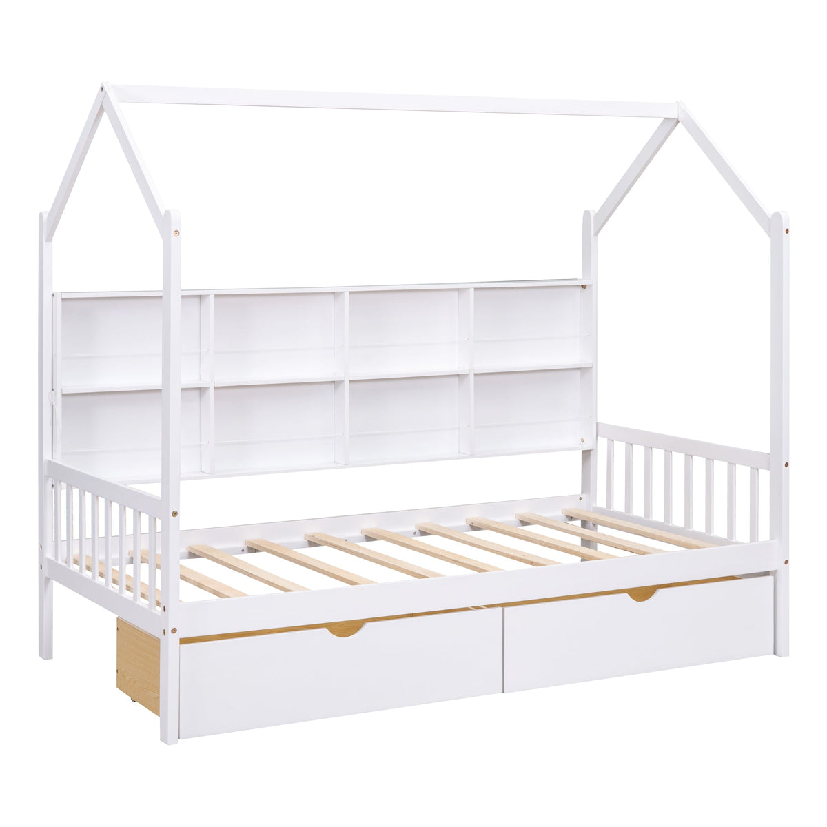 Roomfitters Wooden Twin Size House Bed with Storage Drawers and Shelf, Minimalist and Functional Design, White