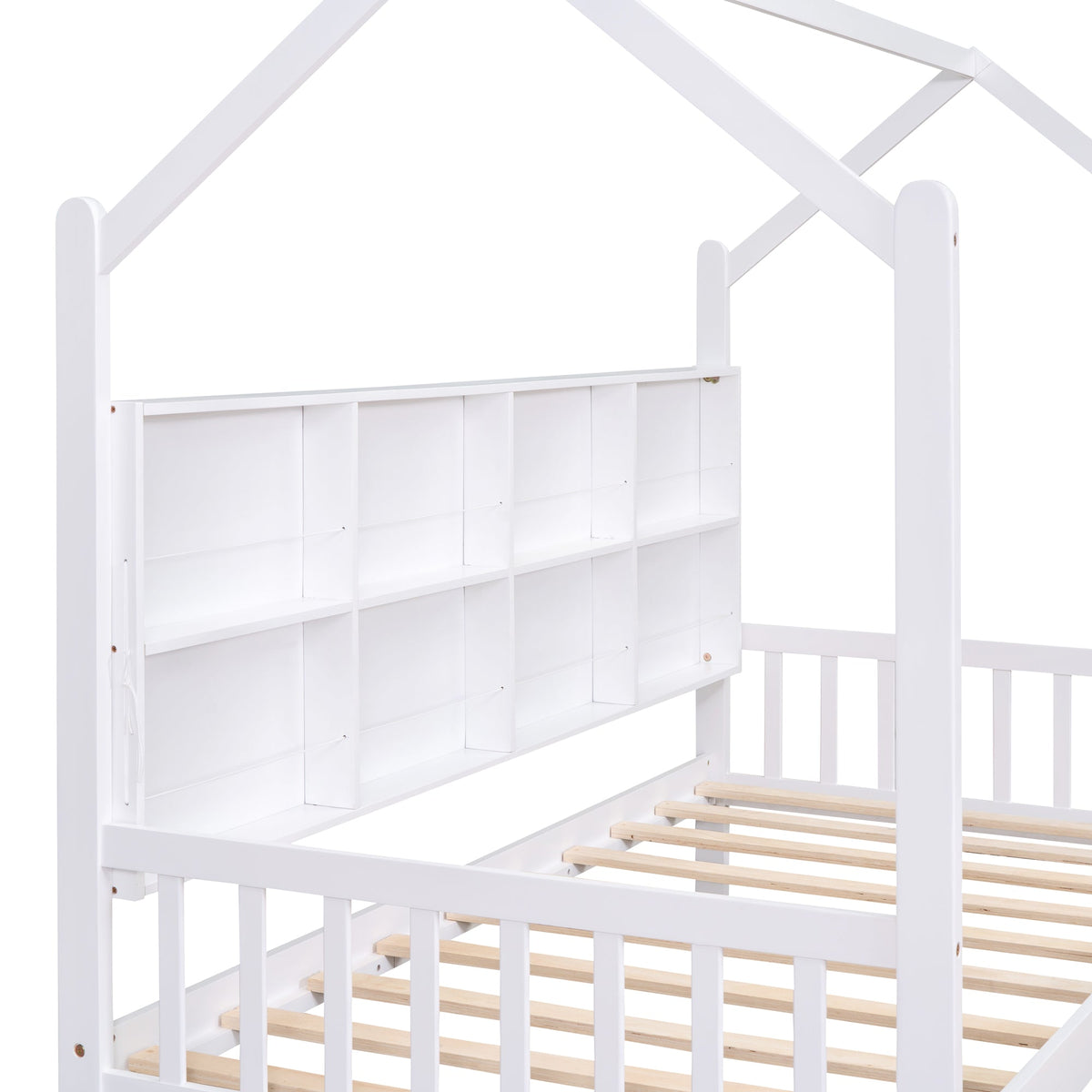 Roomfitters Wooden Twin Size House Bed with Storage Drawers and Shelf, Minimalist and Functional Design, White