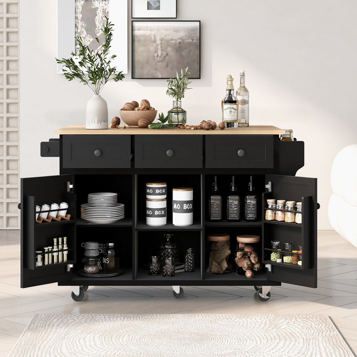 variant-group:rf-n707wf298028aab|Roomfitters Kitchen Cart with Rubber Wood Drop-Leaf Countertop, Cabinet Door Storage Racks, 5-Wheel Kitchen Island with Storage Cabinet & 3 Drawers, Black