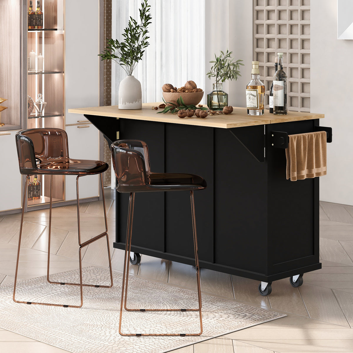 variant-group:rf-n707wf298028aab|Roomfitters Kitchen Cart with Rubber Wood Drop-Leaf Countertop, Cabinet Door Storage Racks, 5-Wheel Kitchen Island with Storage Cabinet & 3 Drawers, Black