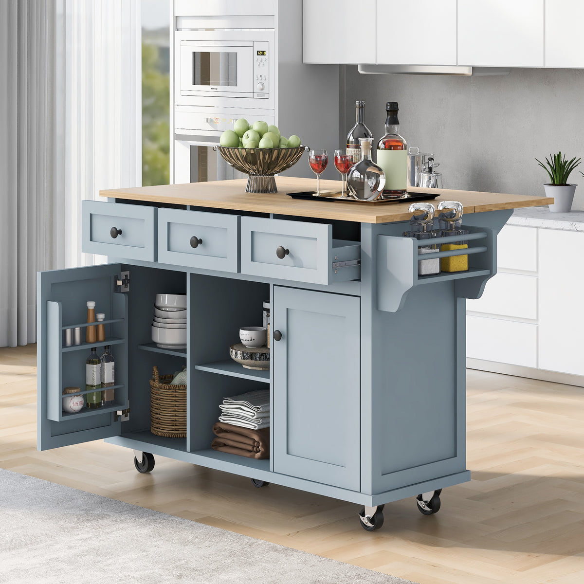 variant-group:rf-n707wf298028aan|Roomfitters Kitchen Cart with Rubber Wood Drop-Leaf Countertop, Cabinet Door Storage Racks, 5-Wheel Kitchen Island with Storage Cabinet & 3 Drawers, Blue