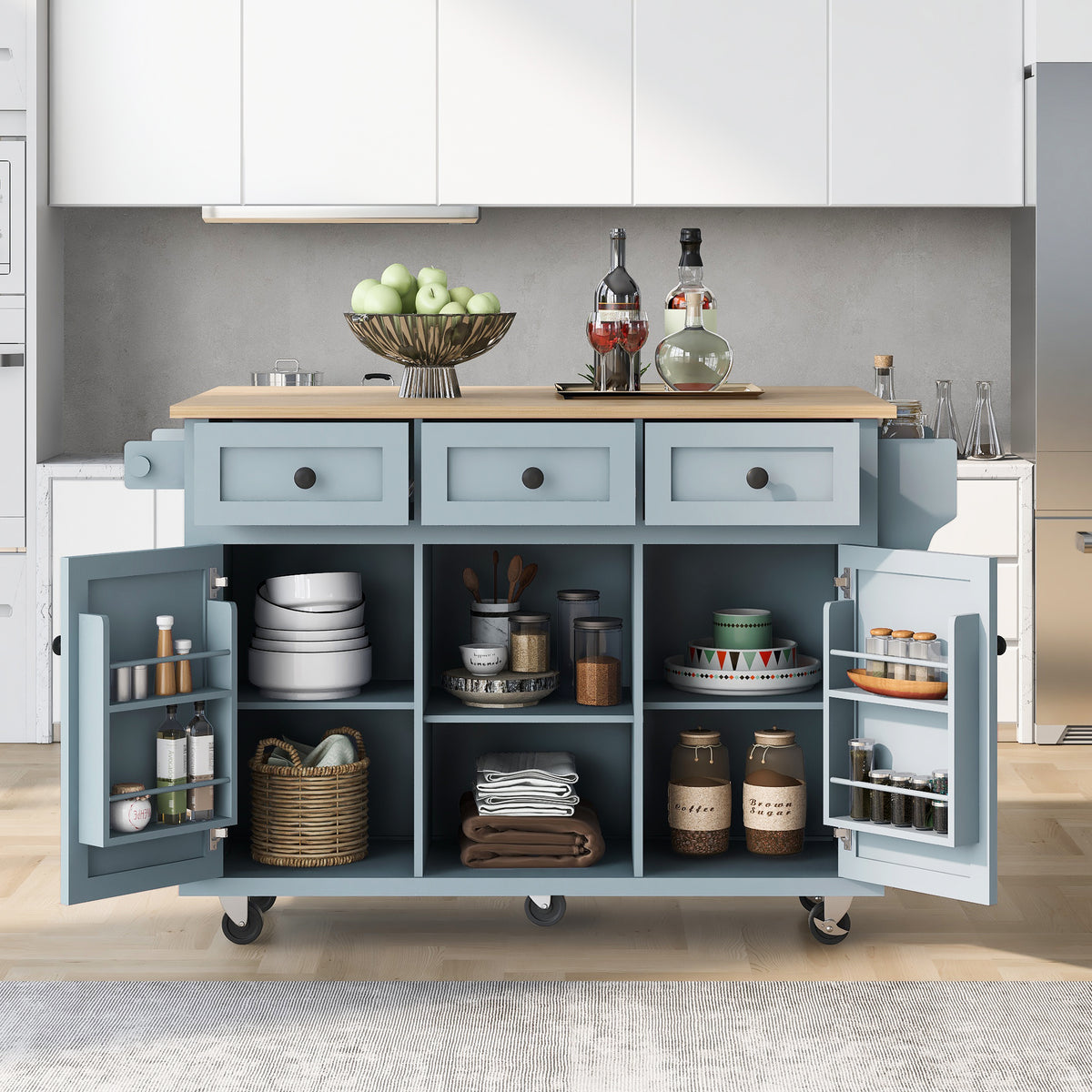 variant-group:rf-n707wf298028aan|Roomfitters Kitchen Cart with Rubber Wood Drop-Leaf Countertop, Cabinet Door Storage Racks, 5-Wheel Kitchen Island with Storage Cabinet & 3 Drawers, Blue