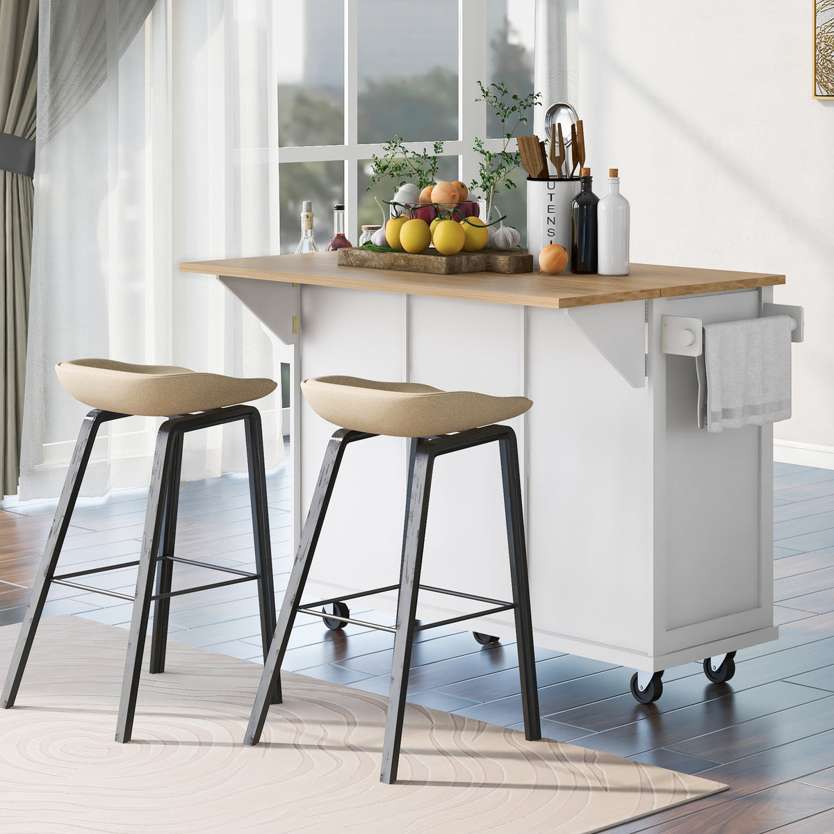 variant-group:rf-n707wf298028aaw|Roomfitters Kitchen Cart with Rubber Wood Drop-Leaf Countertop, Cabinet Door Storage Racks, 5-Wheel Kitchen Island with Storage Cabinet & 3 Drawers, White