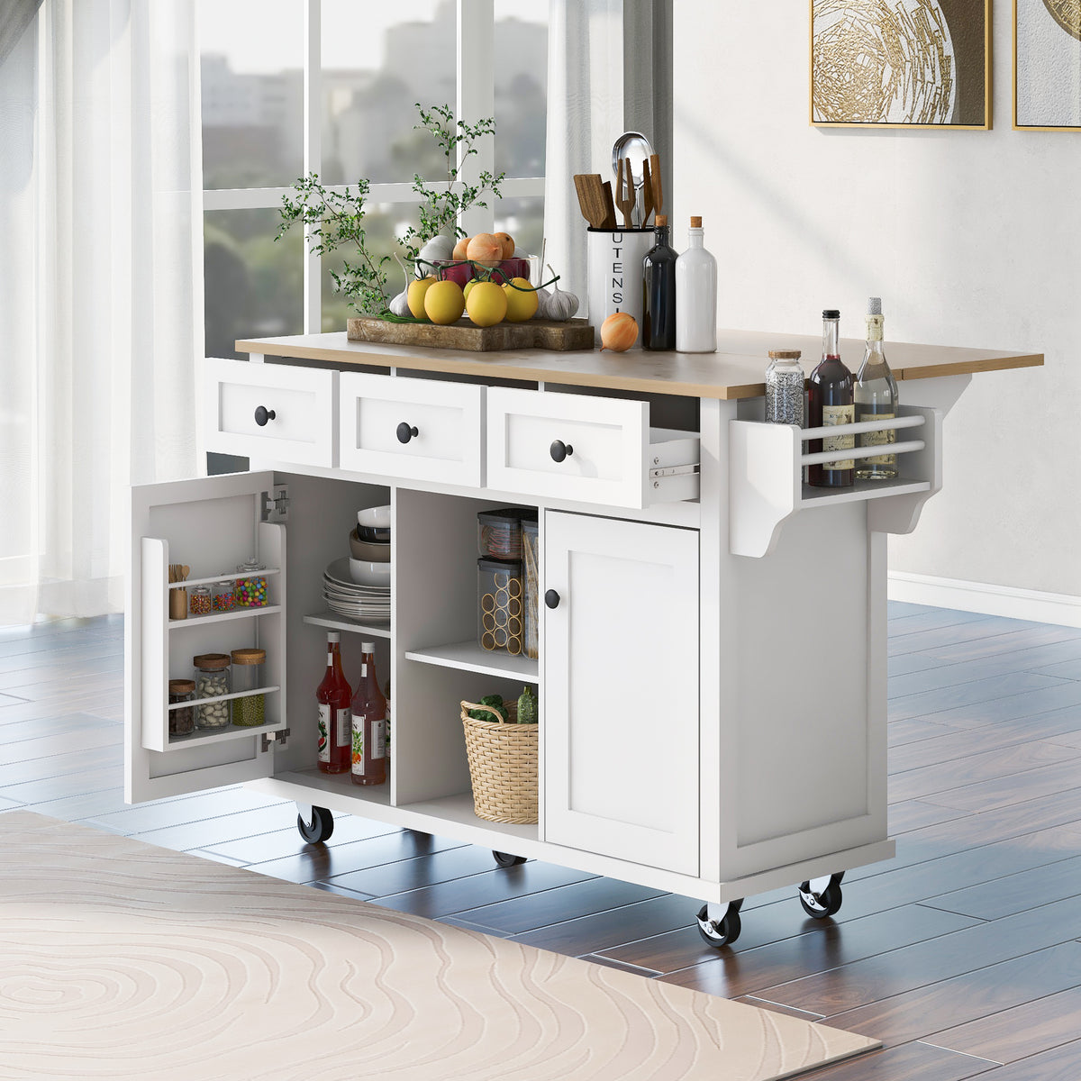 variant-group:rf-n707wf298028aaw|Roomfitters Kitchen Cart with Rubber Wood Drop-Leaf Countertop, Cabinet Door Storage Racks, 5-Wheel Kitchen Island with Storage Cabinet & 3 Drawers, White
