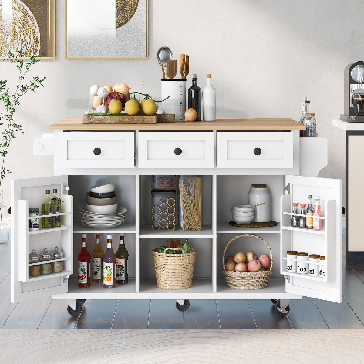 variant-group:rf-n707wf298028aaw|Roomfitters Kitchen Cart with Rubber Wood Drop-Leaf Countertop, Cabinet Door Storage Racks, 5-Wheel Kitchen Island with Storage Cabinet & 3 Drawers, White