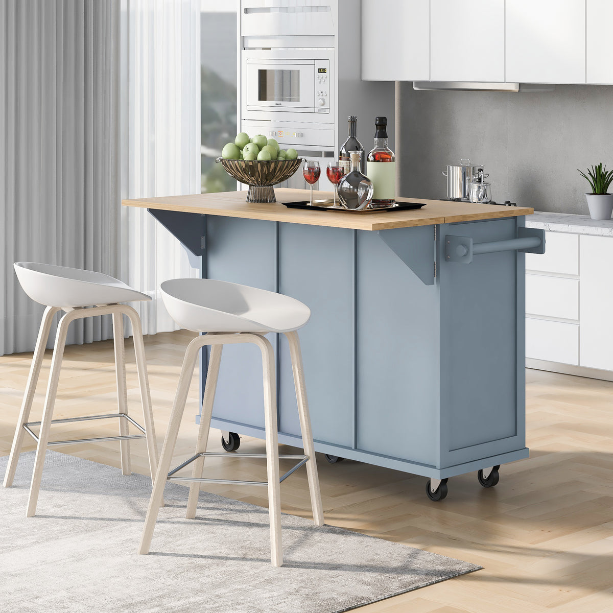 variant-group:rf-n707wf298028aan|Roomfitters Kitchen Cart with Rubber Wood Drop-Leaf Countertop, Cabinet Door Storage Racks, 5-Wheel Kitchen Island with Storage Cabinet & 3 Drawers, Blue