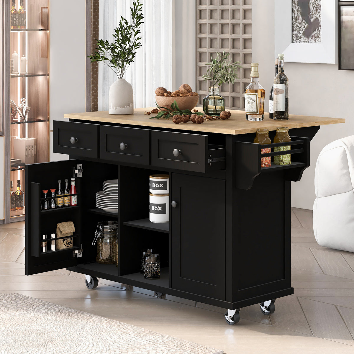 variant-group:rf-n707wf298028aab|Roomfitters Kitchen Cart with Rubber Wood Drop-Leaf Countertop, Cabinet Door Storage Racks, 5-Wheel Kitchen Island with Storage Cabinet & 3 Drawers, Black