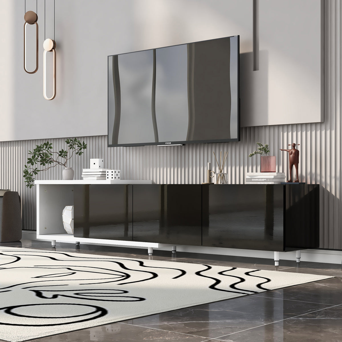 variant-group:rf-n724p205796k|Roomfitters Extendable TV Stand for 80 Inch TV and Above, Modern Cabinet with Open Storage and Sleek Design, Black