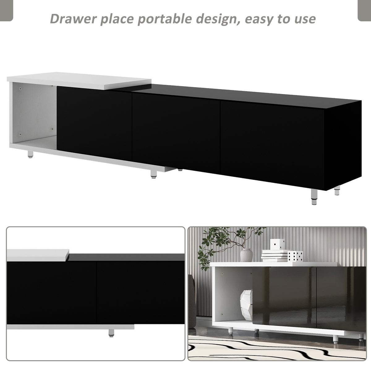 variant-group:rf-n724p205796k|Roomfitters Extendable TV Stand for 80 Inch TV and Above, Modern Cabinet with Open Storage and Sleek Design, Black