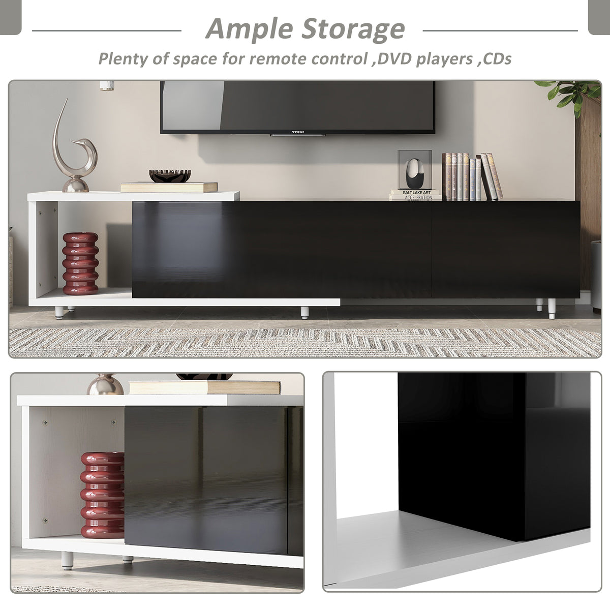 variant-group:rf-n724p205796k|Roomfitters Extendable TV Stand for 80 Inch TV and Above, Modern Cabinet with Open Storage and Sleek Design, Black