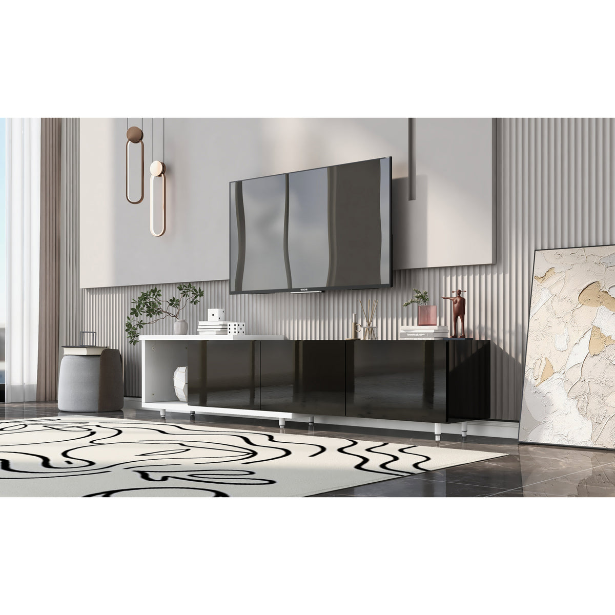 variant-group:rf-n724p205796k|Roomfitters Extendable TV Stand for 80 Inch TV and Above, Modern Cabinet with Open Storage and Sleek Design, Black