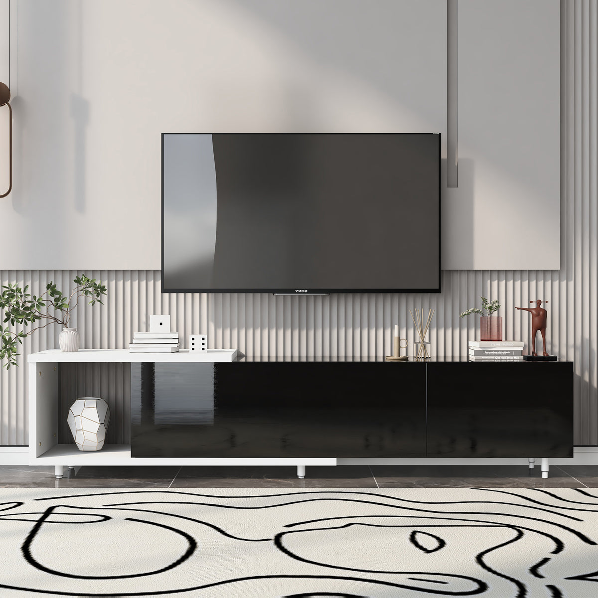variant-group:rf-n724p205796k|Roomfitters Extendable TV Stand for 80 Inch TV and Above, Modern Cabinet with Open Storage and Sleek Design, Black