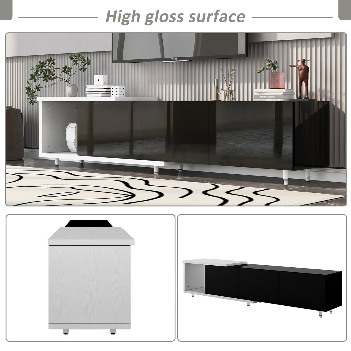 variant-group:rf-n724p205796k|Roomfitters Extendable TV Stand for 80 Inch TV and Above, Modern Cabinet with Open Storage and Sleek Design, Black