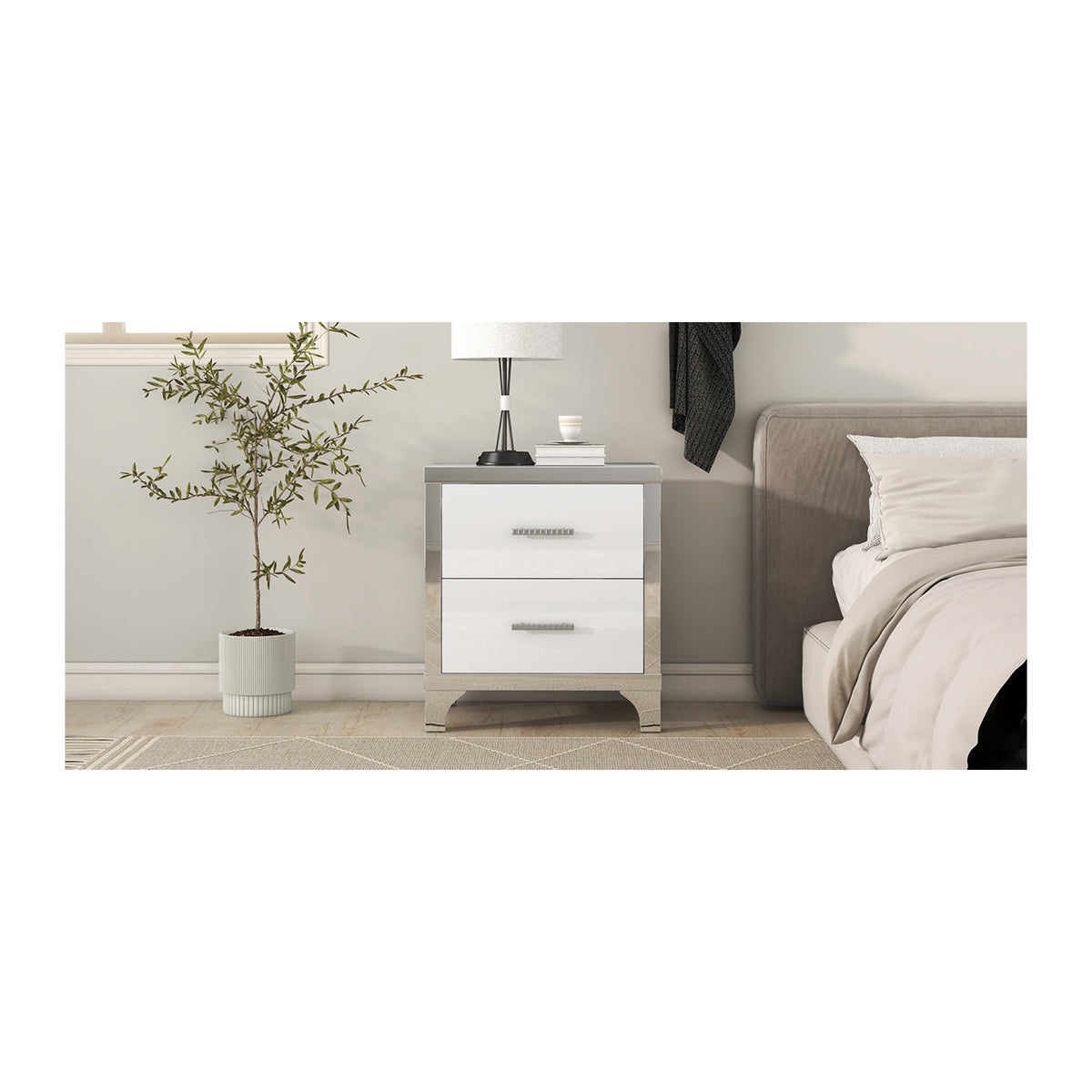variant-group:rf-n733p205356k|Roomfitters High Gloss Nightstand with Metal Handle, Mirrored Bedside Storage Table for Bedroom or Living Room, White