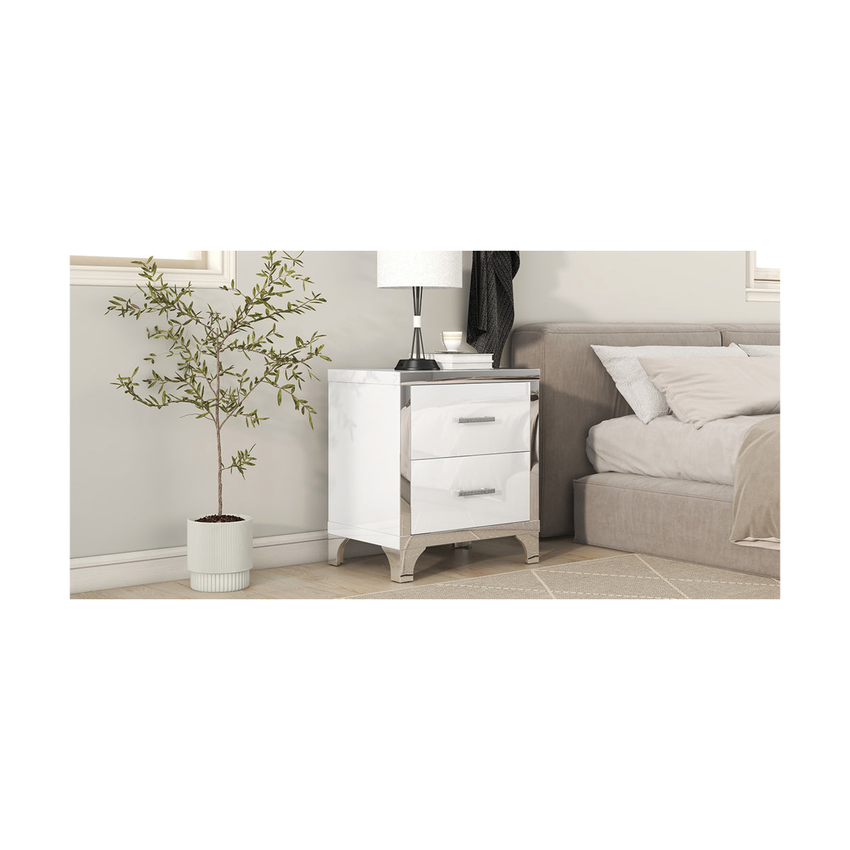 variant-group:rf-n733p205356k|Roomfitters High Gloss Nightstand with Metal Handle, Mirrored Bedside Storage Table for Bedroom or Living Room, White