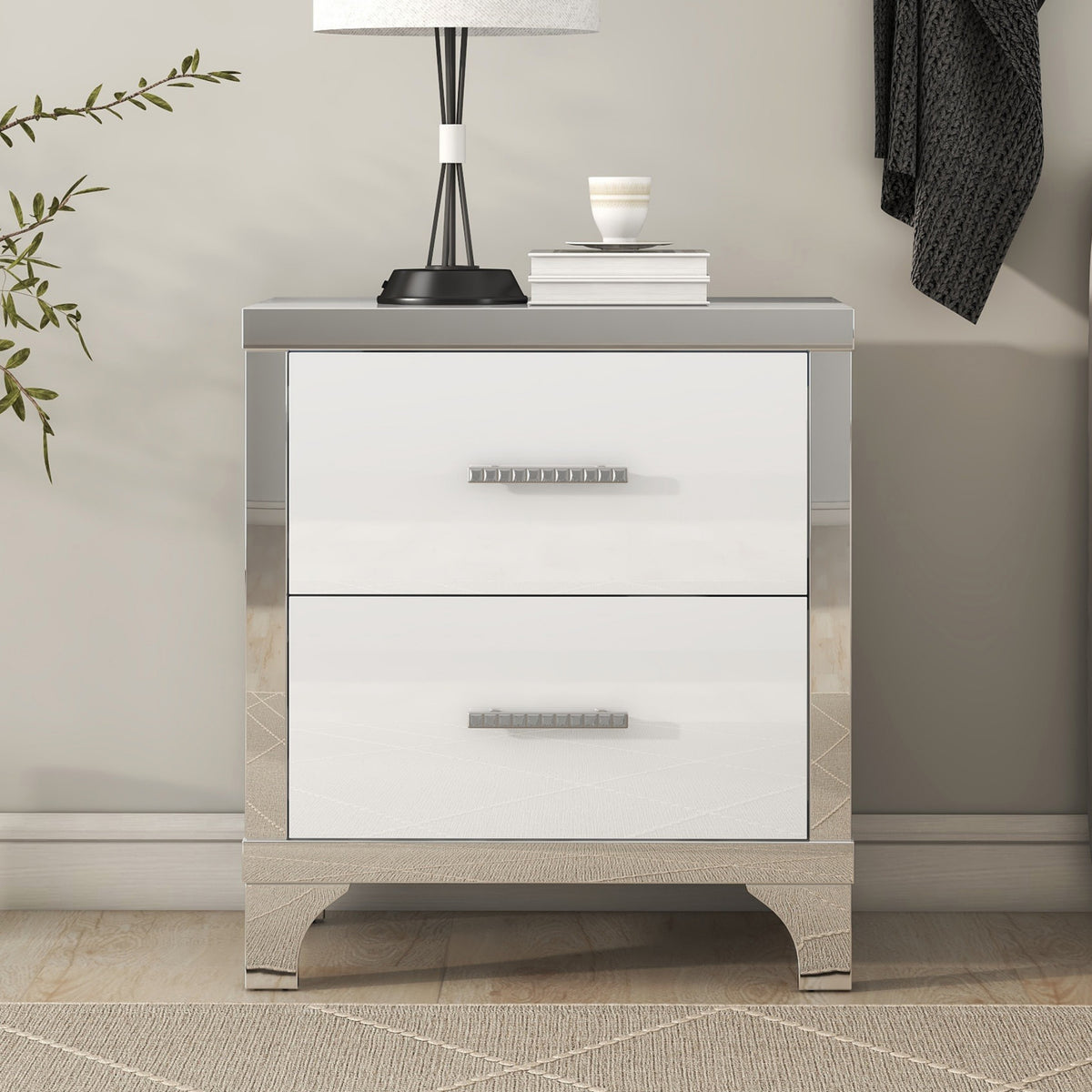 variant-group:rf-n733p205356k|Roomfitters High Gloss Nightstand with Metal Handle, Mirrored Bedside Storage Table for Bedroom or Living Room, White