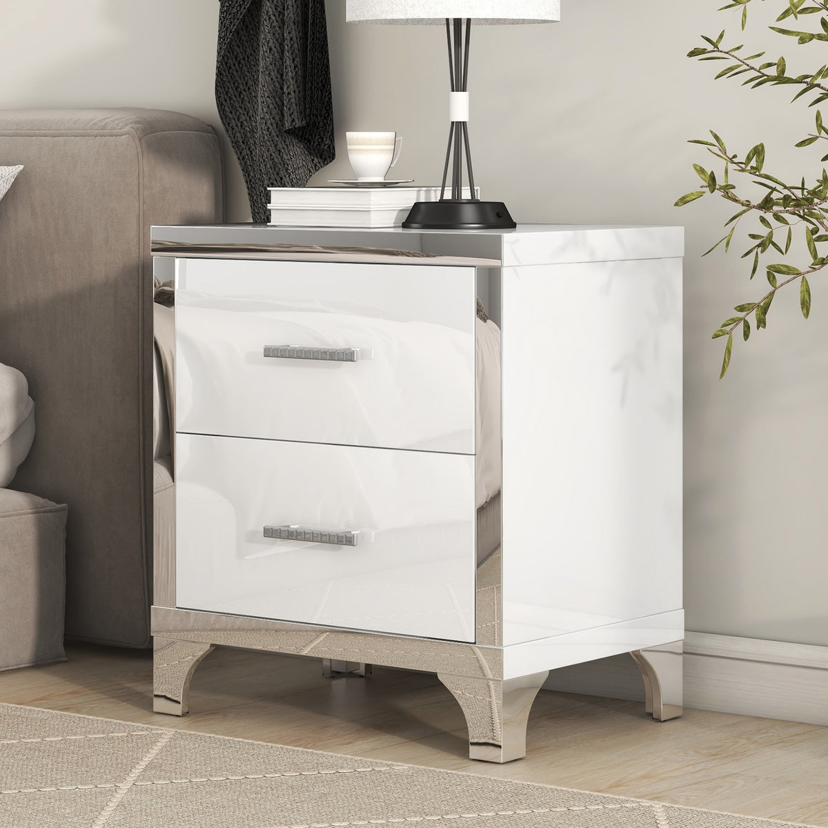 variant-group:rf-n733p205356k|Roomfitters High Gloss Nightstand with Metal Handle, Mirrored Bedside Storage Table for Bedroom or Living Room, White