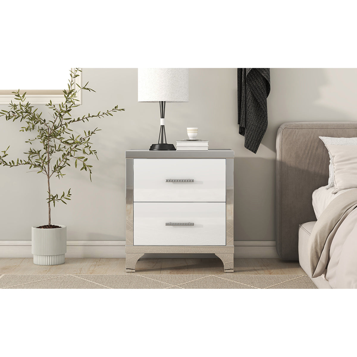 variant-group:rf-n733p205356k|Roomfitters High Gloss Nightstand with Metal Handle, Mirrored Bedside Storage Table for Bedroom or Living Room, White