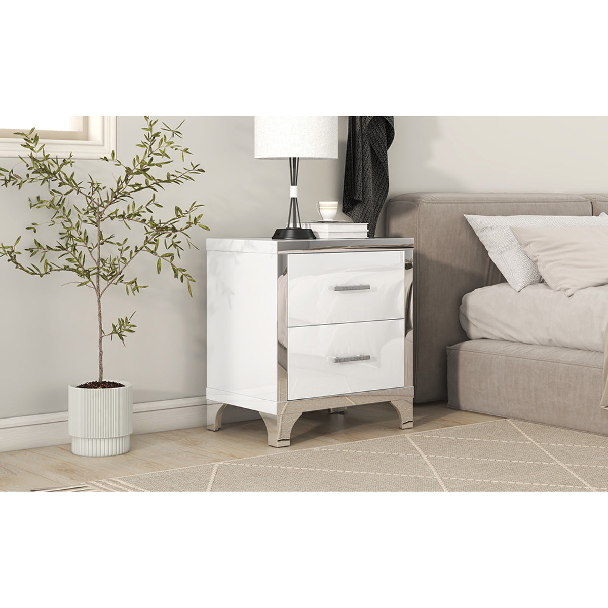 variant-group:rf-n733p205356k|Roomfitters High Gloss Nightstand with Metal Handle, Mirrored Bedside Storage Table for Bedroom or Living Room, White