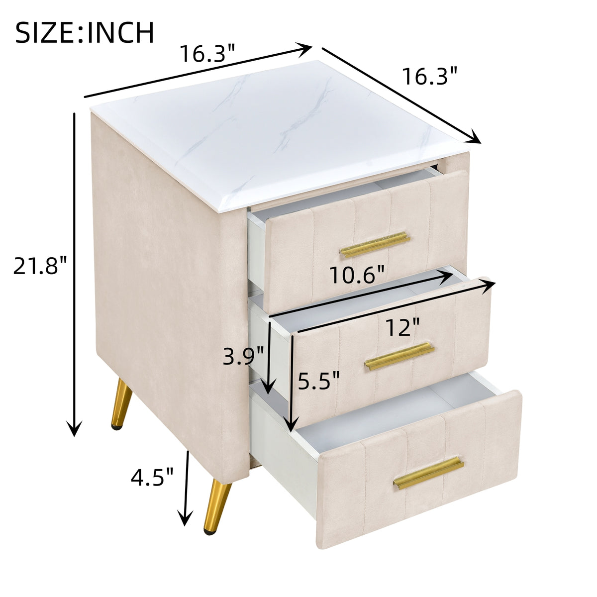 variant-group:rf-n733p208520a|Roomfitters Upholstered Nightstand with 3 Storage Compartments, Metal Legs and Handles, Marble-Inspired Worktop, Beige