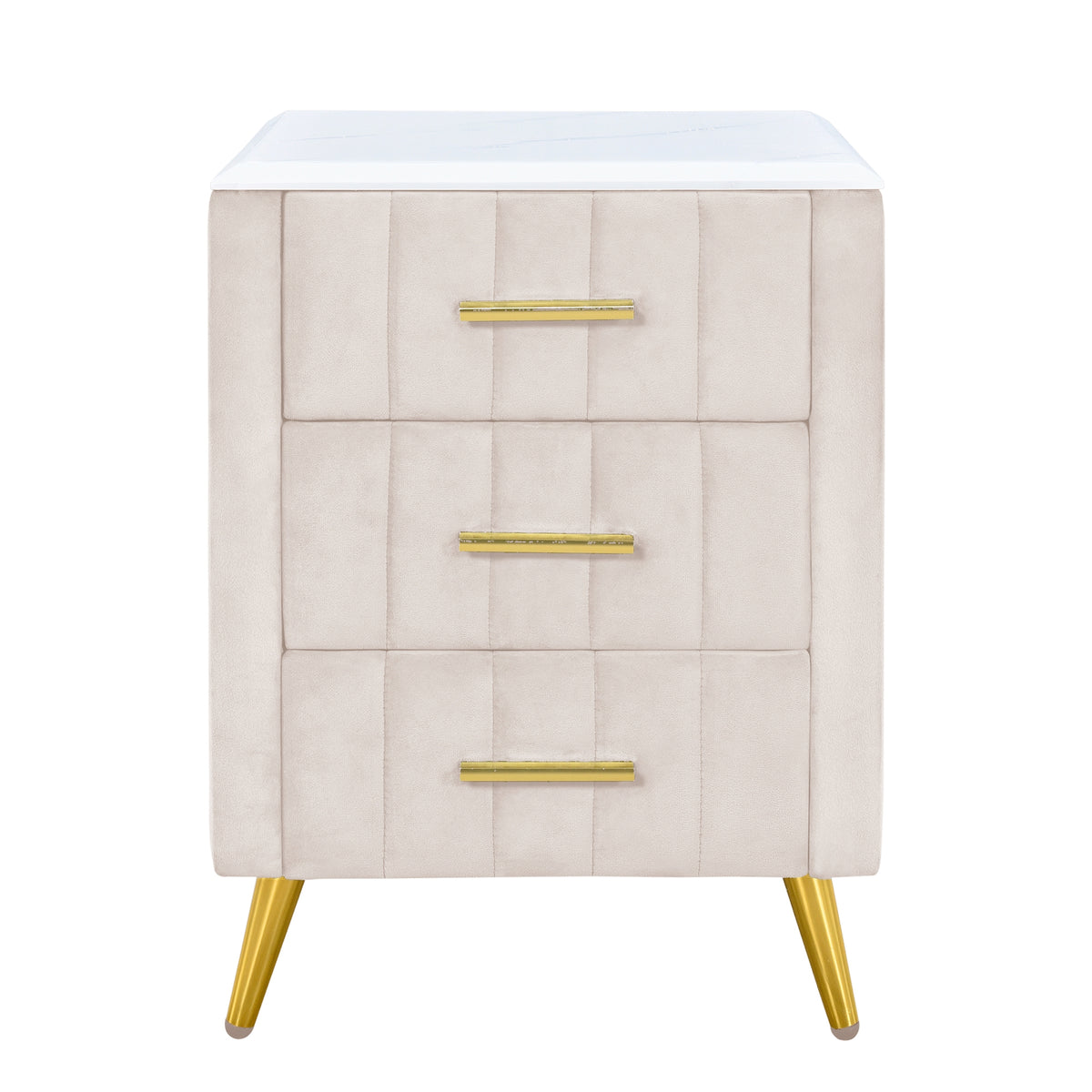 variant-group:rf-n733p208520a|Roomfitters Upholstered Nightstand with 3 Storage Compartments, Metal Legs and Handles, Marble-Inspired Worktop, Beige