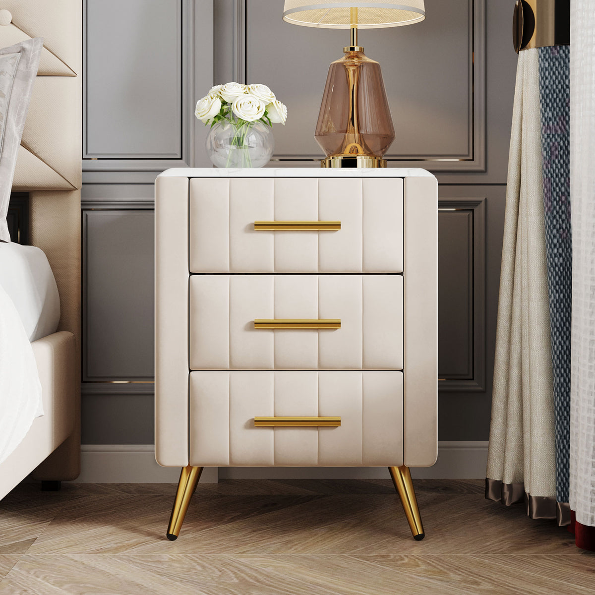 variant-group:rf-n733p208520a|Roomfitters Upholstered Nightstand with 3 Storage Compartments, Metal Legs and Handles, Marble-Inspired Worktop, Beige