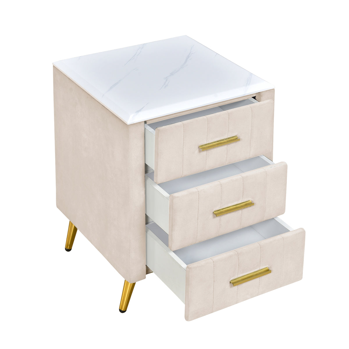variant-group:rf-n733p208520a|Roomfitters Upholstered Nightstand with 3 Storage Compartments, Metal Legs and Handles, Marble-Inspired Worktop, Beige