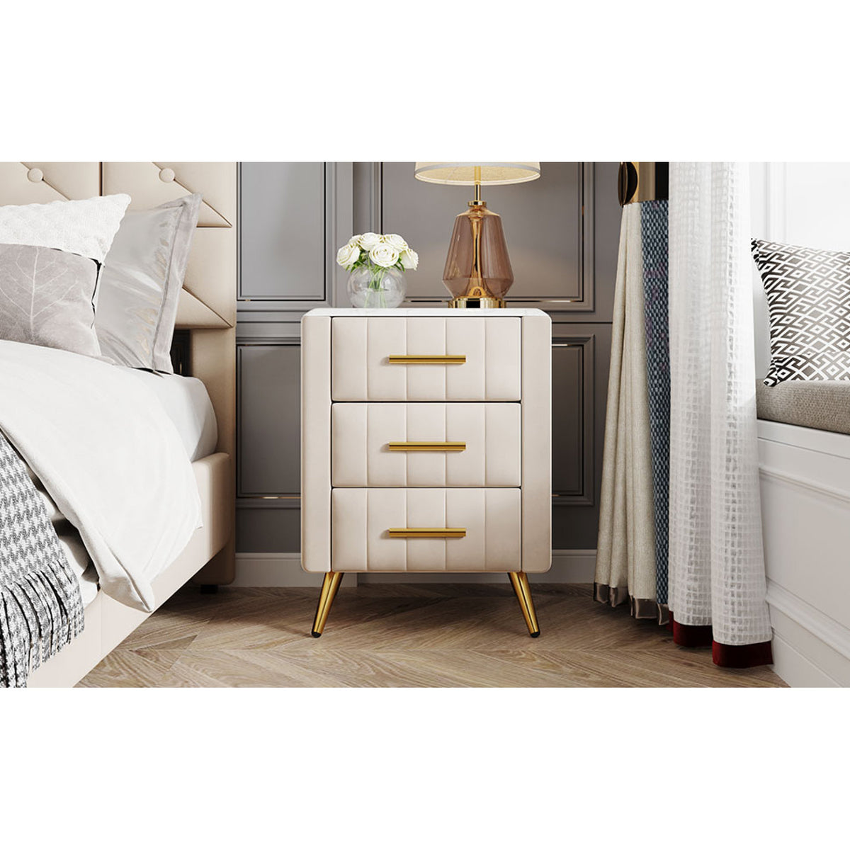 variant-group:rf-n733p208520a|Roomfitters Upholstered Nightstand with 3 Storage Compartments, Metal Legs and Handles, Marble-Inspired Worktop, Beige