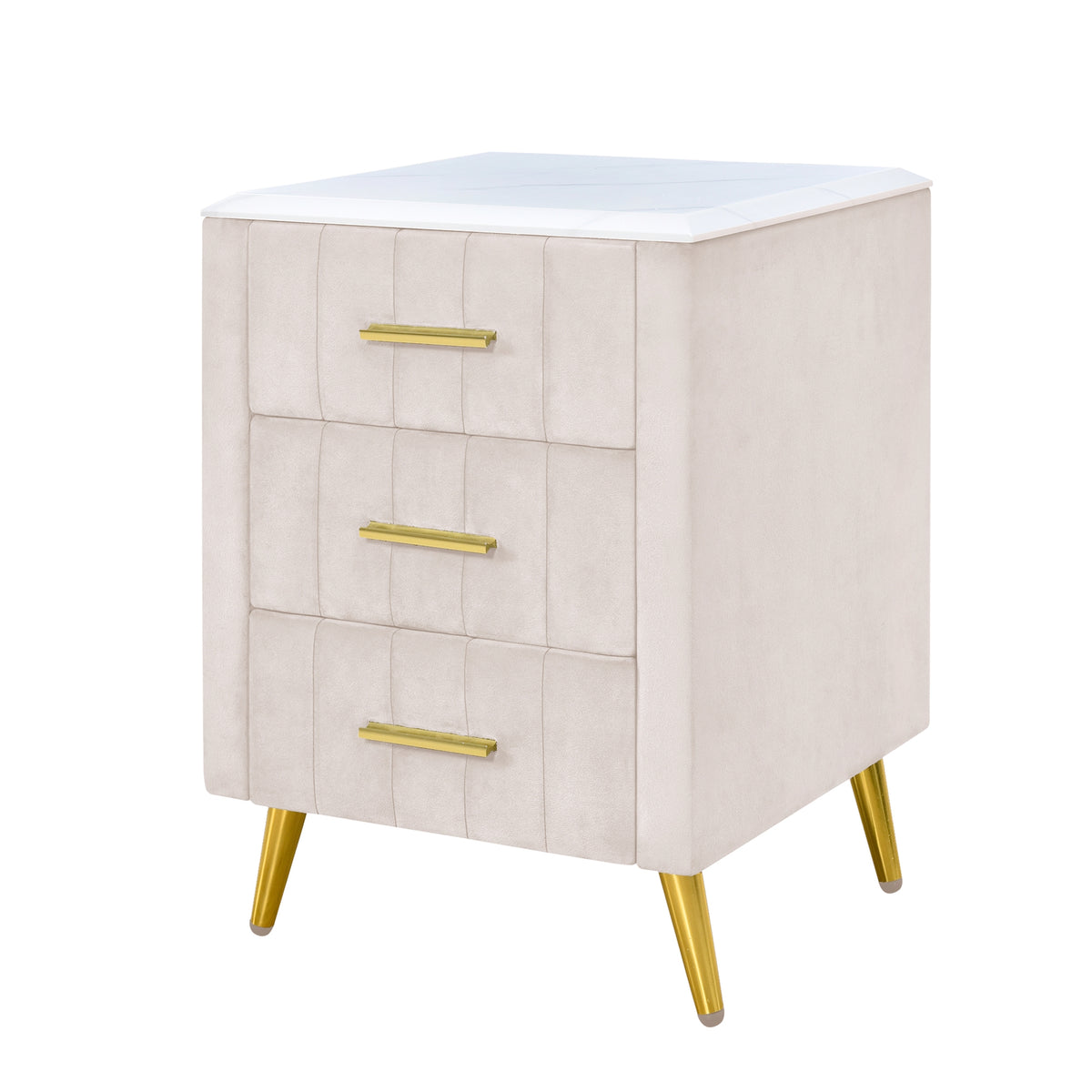 variant-group:rf-n733p208520a|Roomfitters Upholstered Nightstand with 3 Storage Compartments, Metal Legs and Handles, Marble-Inspired Worktop, Beige