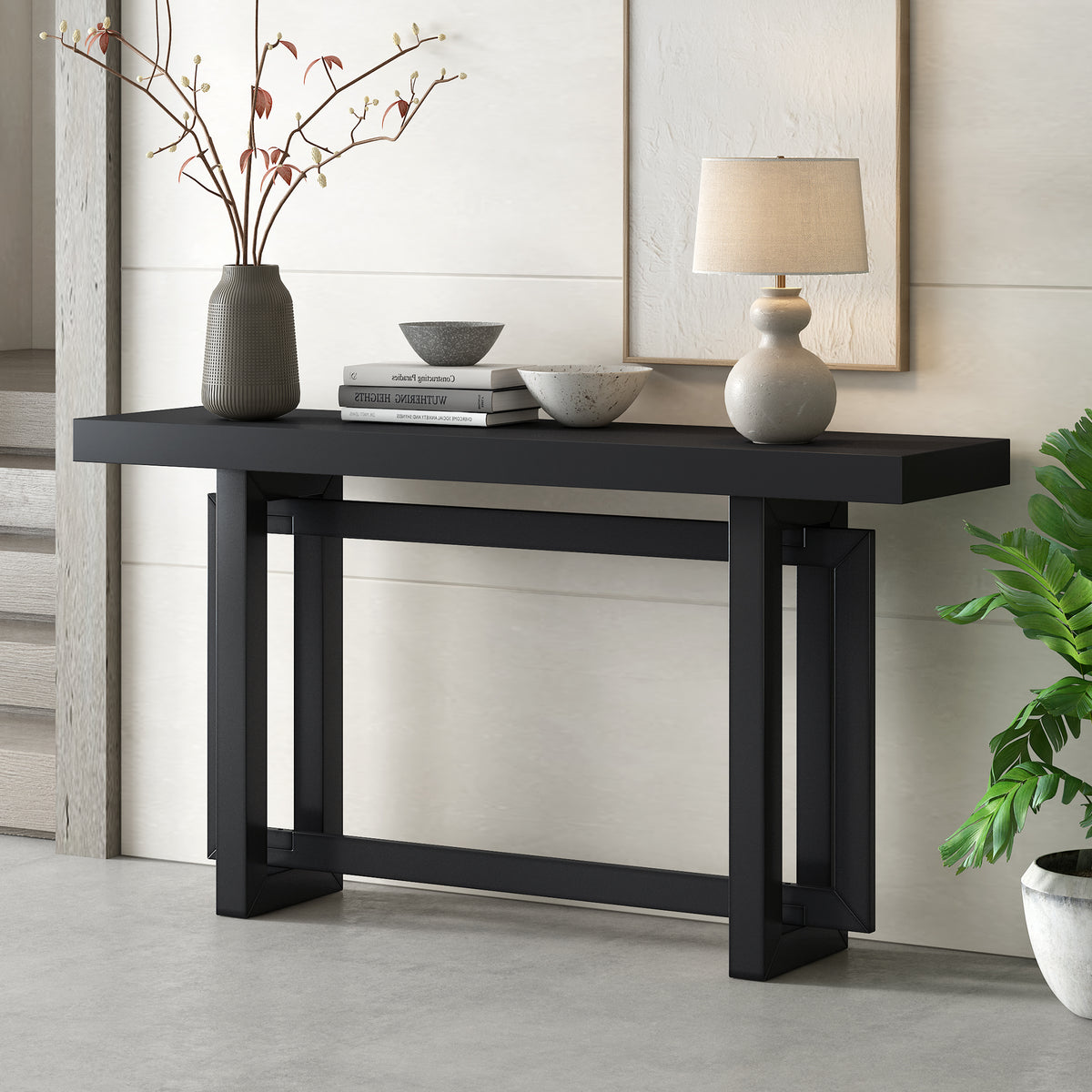 variant-group:rf-n711p230809b|Roomfitters Contemporary Console Table with Wooden Top and Base, Extra Long Entryway Table, Black