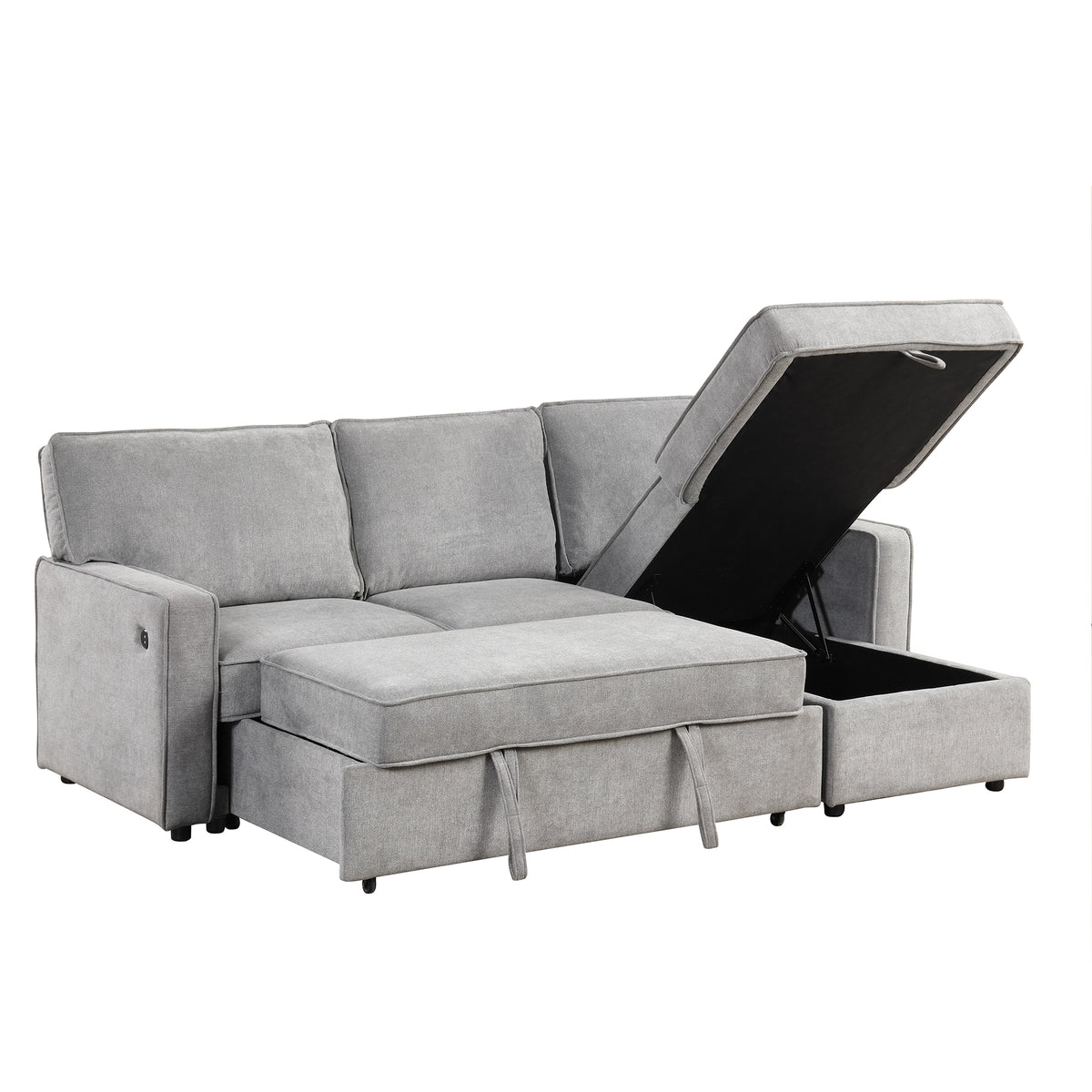 variant-group:rf-n711wy000418aae|Roomfitters Upholstered Sleeper Sectional Sofa with Storage, USB Port, and 2 Cup Holders, Living Room Couch, Gray